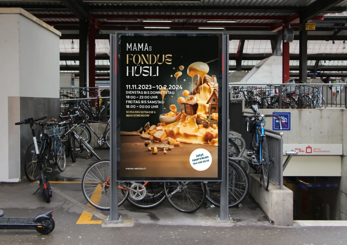 Ein Werbeplakat für das Fondue Häuschen in Dübendorf beim MAMA