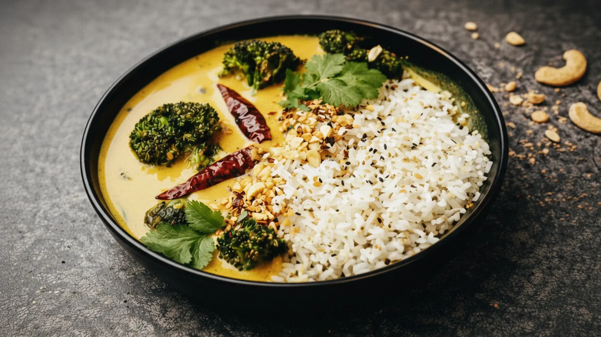 Brokkoli Curry in einem schwarzen Teller