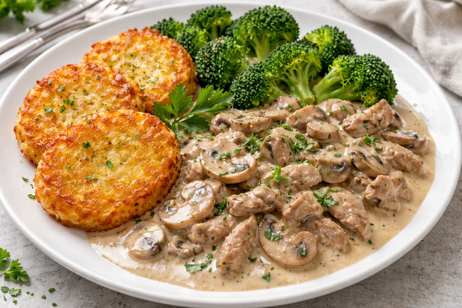 Zürcher Geschnetzeltes mit Champignonrahm-Sauce, Röstitaler und Brokkoli